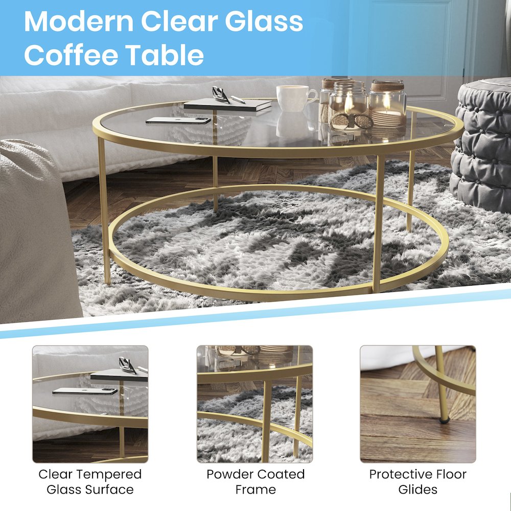 Round Coffee Table – Modern Clear Glass Coffee Table with Brushed Gold Frame