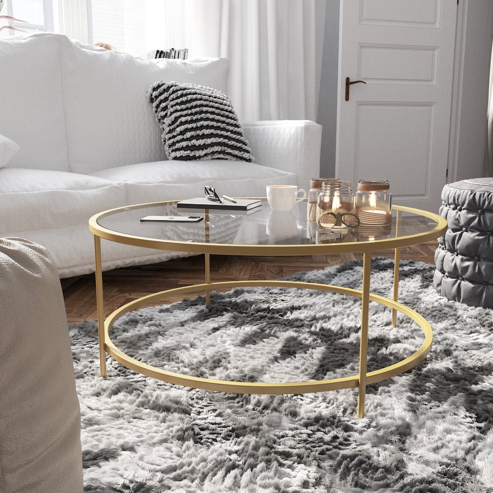 Round Coffee Table – Modern Clear Glass Coffee Table with Brushed Gold Frame