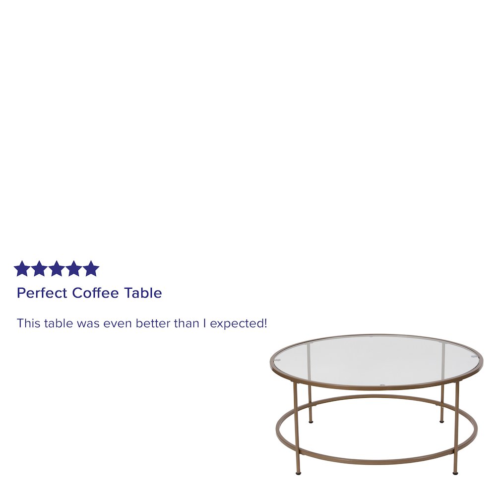 Round Coffee Table – Modern Clear Glass Coffee Table with Brushed Gold Frame