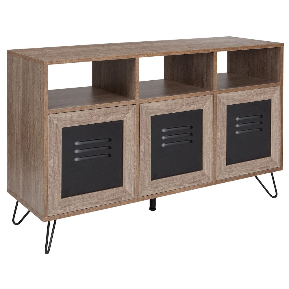 44″W 3 Shelf Storage Console/Cabinet with Metal Doors in Wood Grain Finish