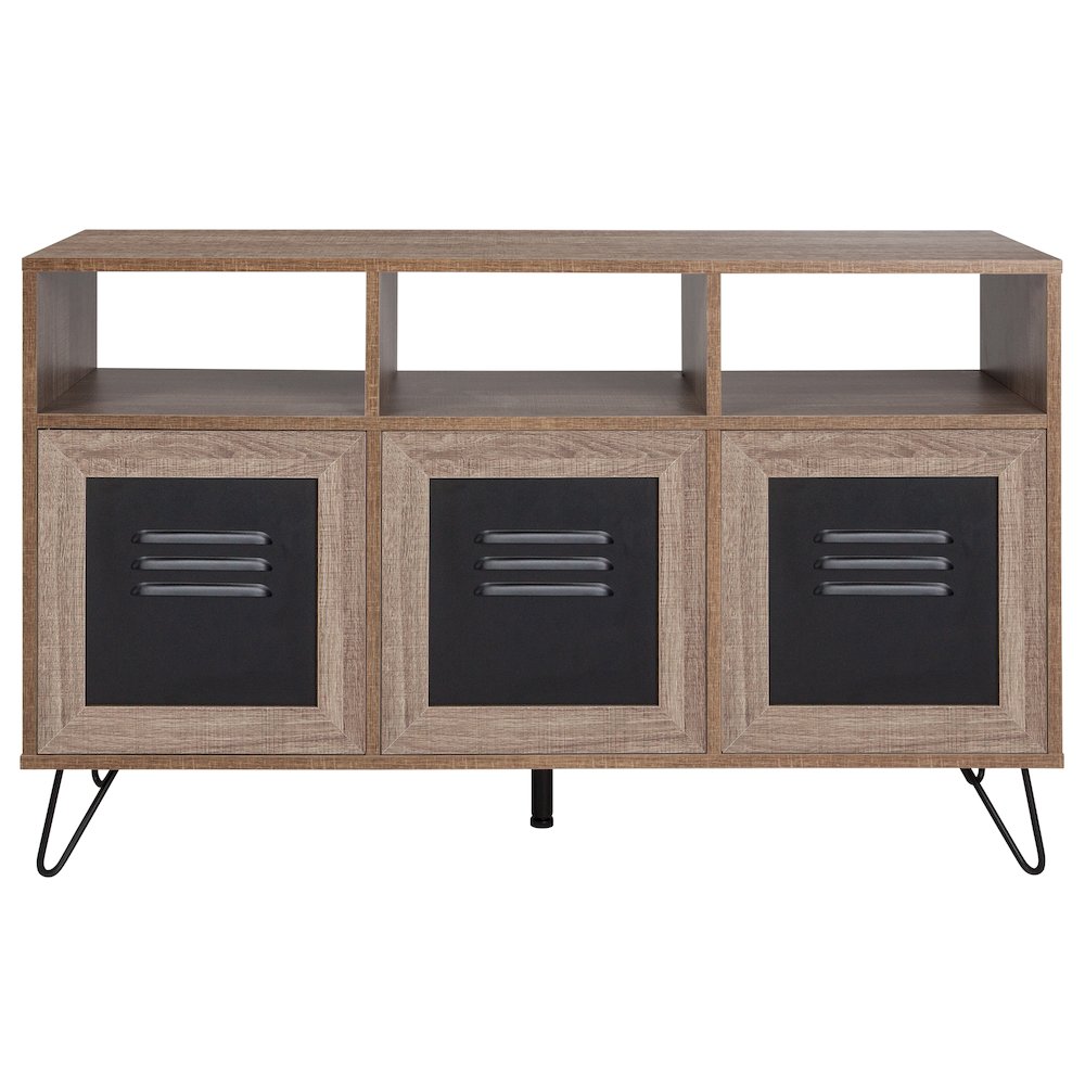 44″W 3 Shelf Storage Console/Cabinet with Metal Doors in Wood Grain Finish