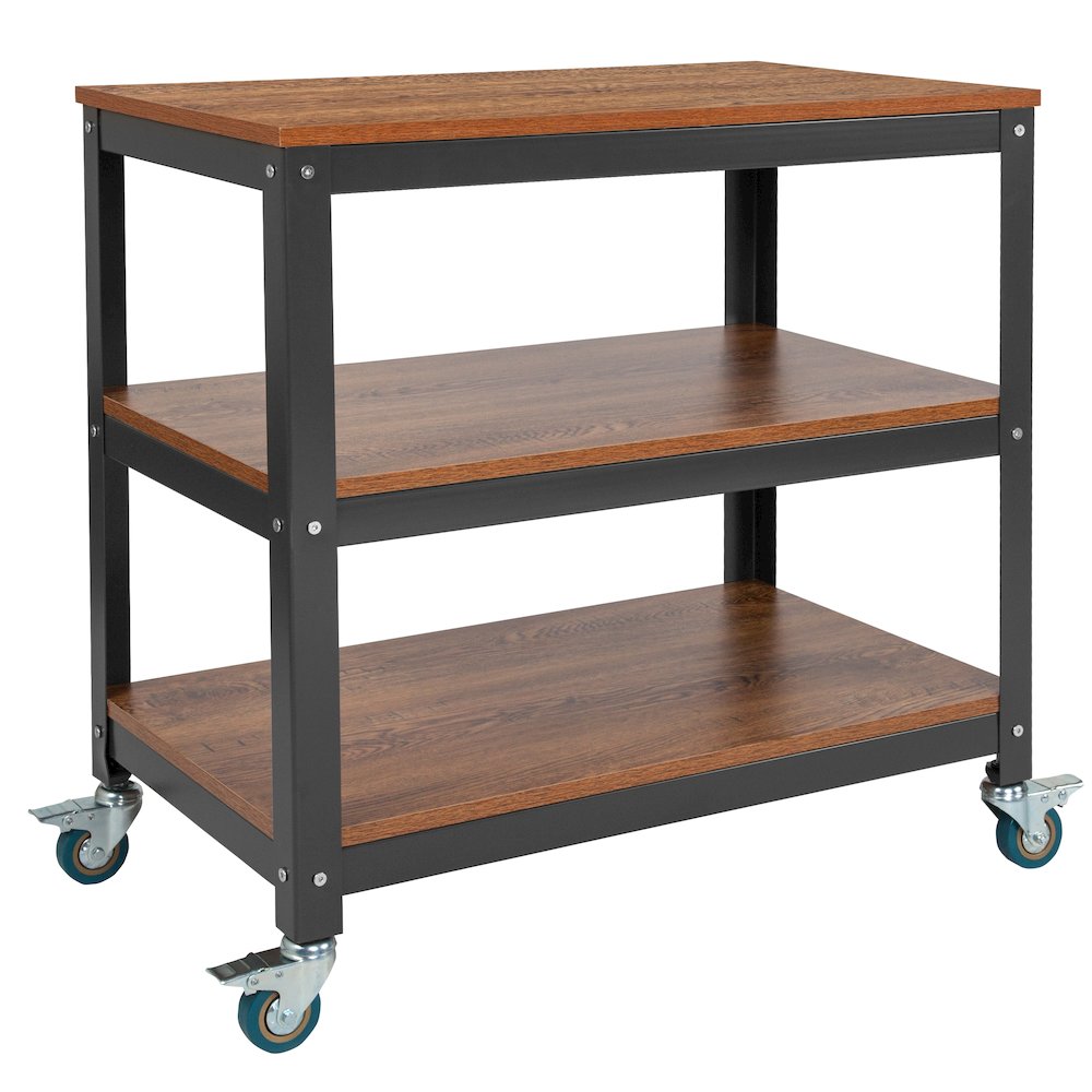 30″W Rolling Storage Cart with Metal Wheels in Brown Oak Wood Grain Finish