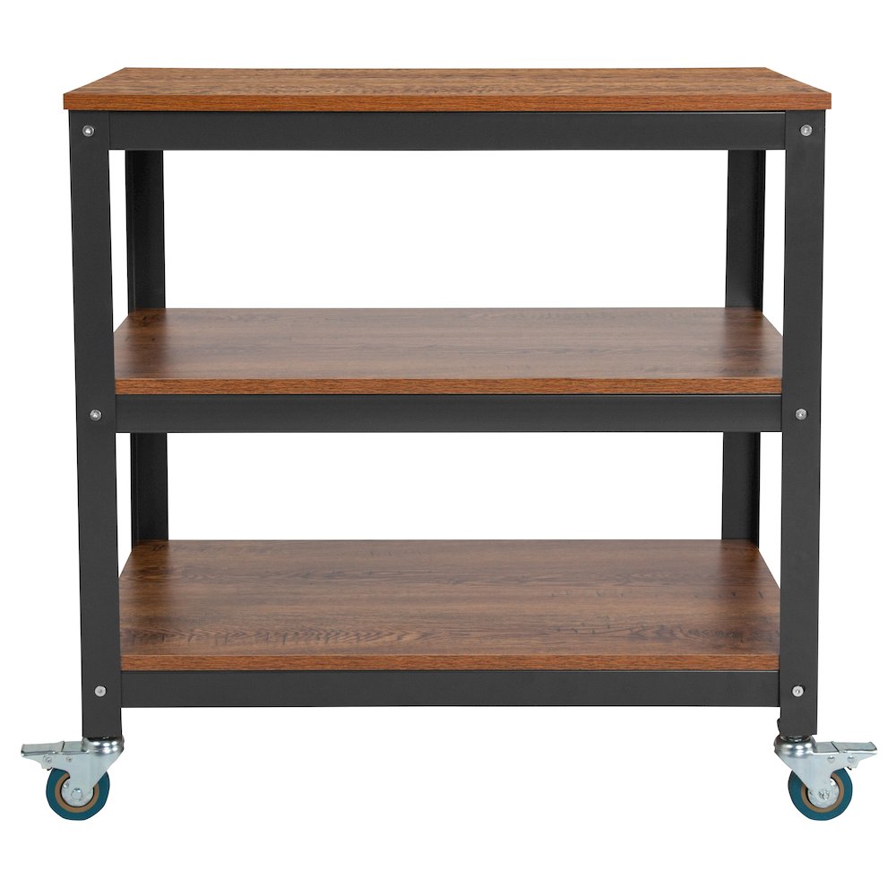 30″W Rolling Storage Cart with Metal Wheels in Brown Oak Wood Grain Finish
