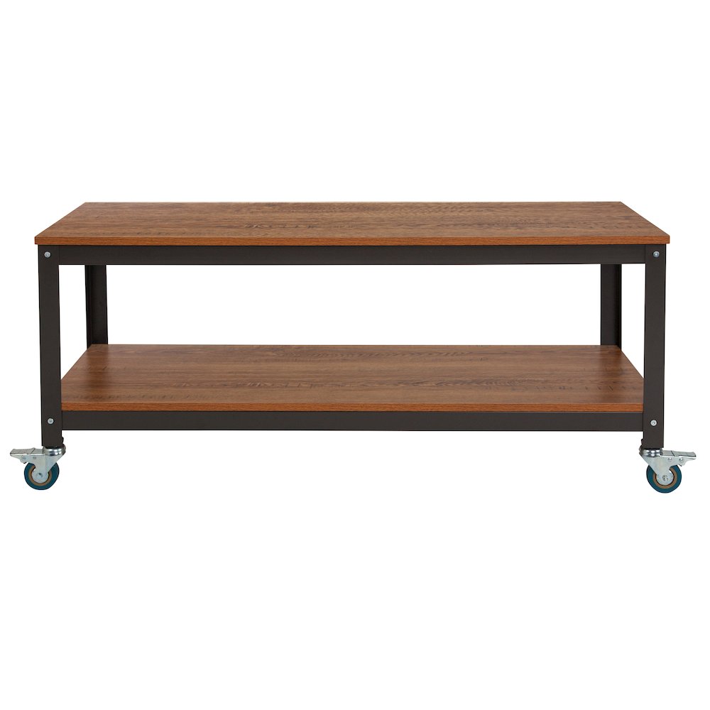 TV Stand in Brown Oak Wood Grain Finish with Metal Wheels