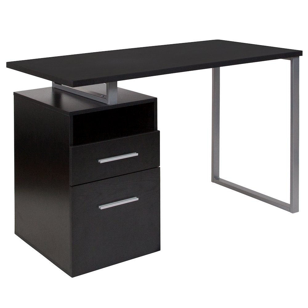 Dark Ash Wood Grain Finish Computer Desk with Two Drawers and Silver Metal Frame