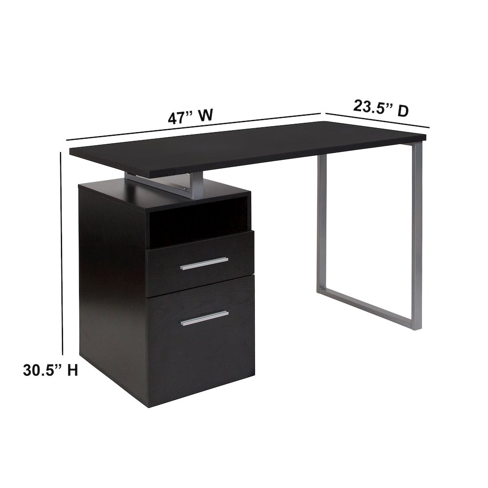 Dark Ash Wood Grain Finish Computer Desk with Two Drawers and Silver Metal Frame