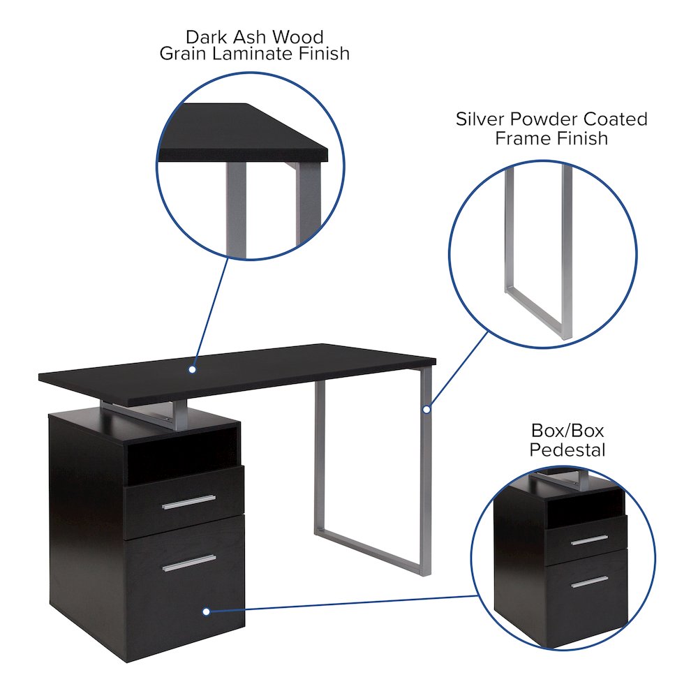 Dark Ash Wood Grain Finish Computer Desk with Two Drawers and Silver Metal Frame