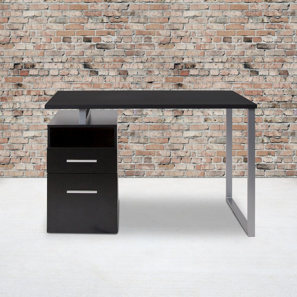 Dark Ash Wood Grain Finish Computer Desk with Two Drawers and Silver Metal Frame