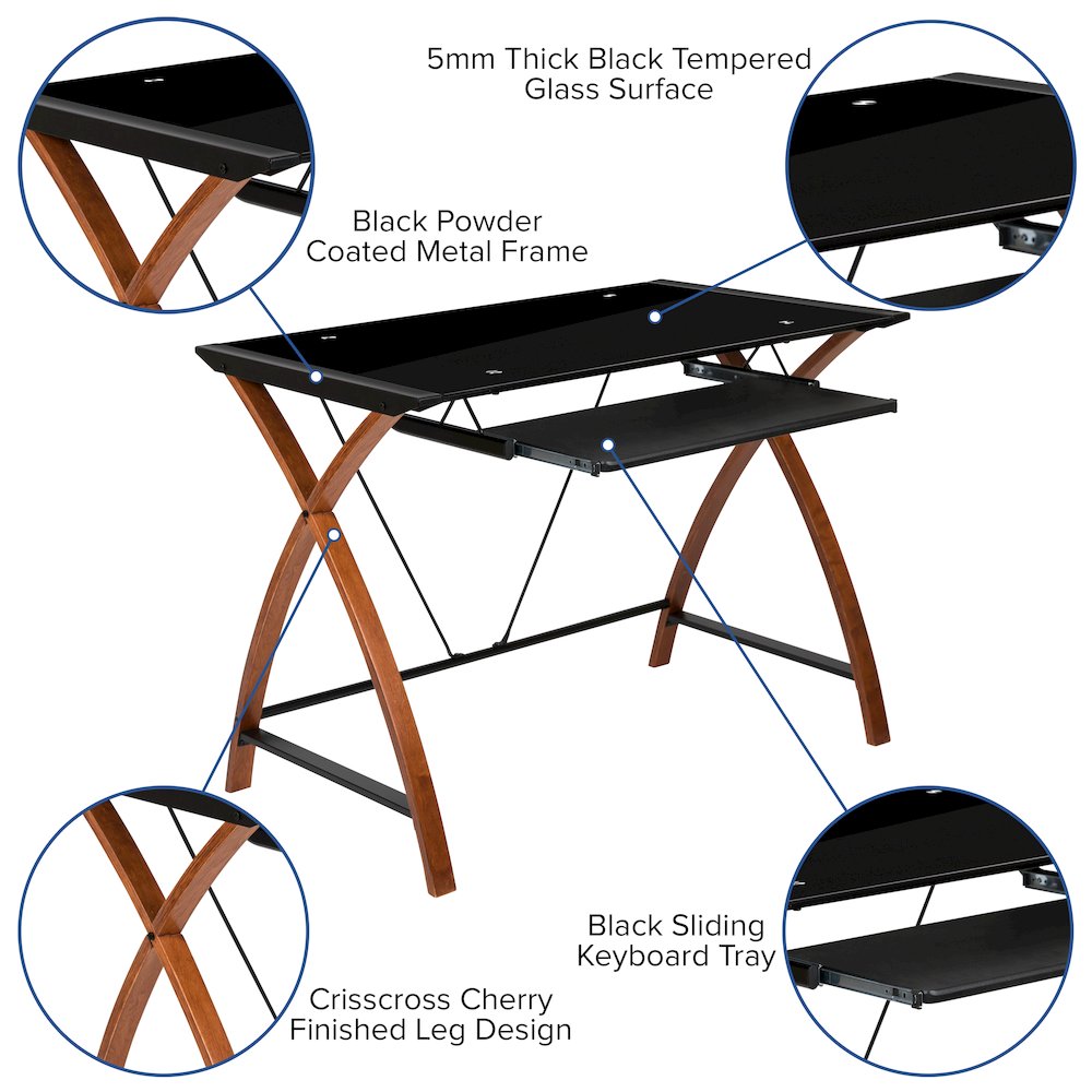Black Glass Computer Desk with Pull-Out Keyboard Tray and Crisscross Frame