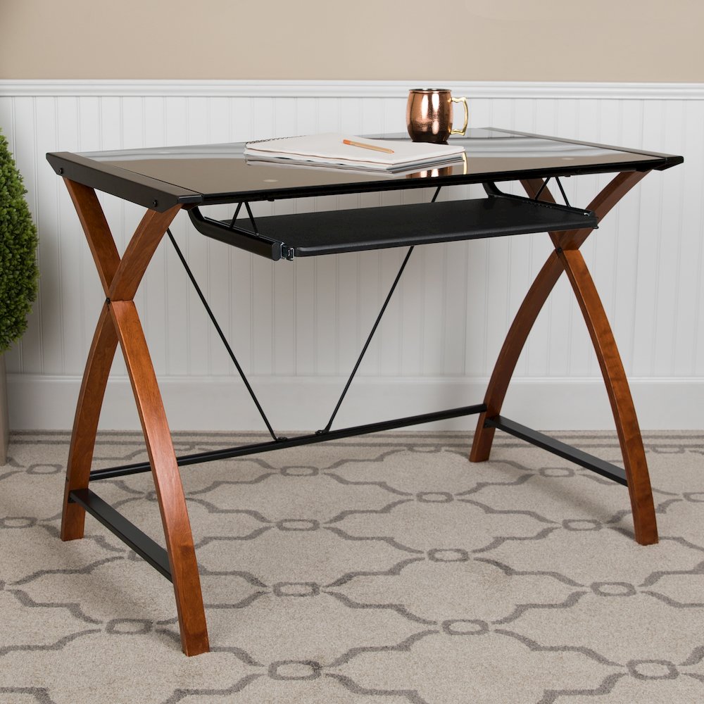 Black Glass Computer Desk with Pull-Out Keyboard Tray and Crisscross Frame