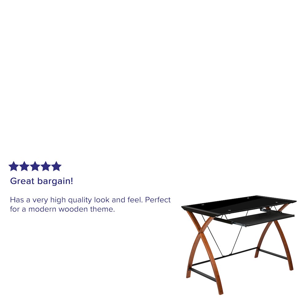 Black Glass Computer Desk with Pull-Out Keyboard Tray and Crisscross Frame