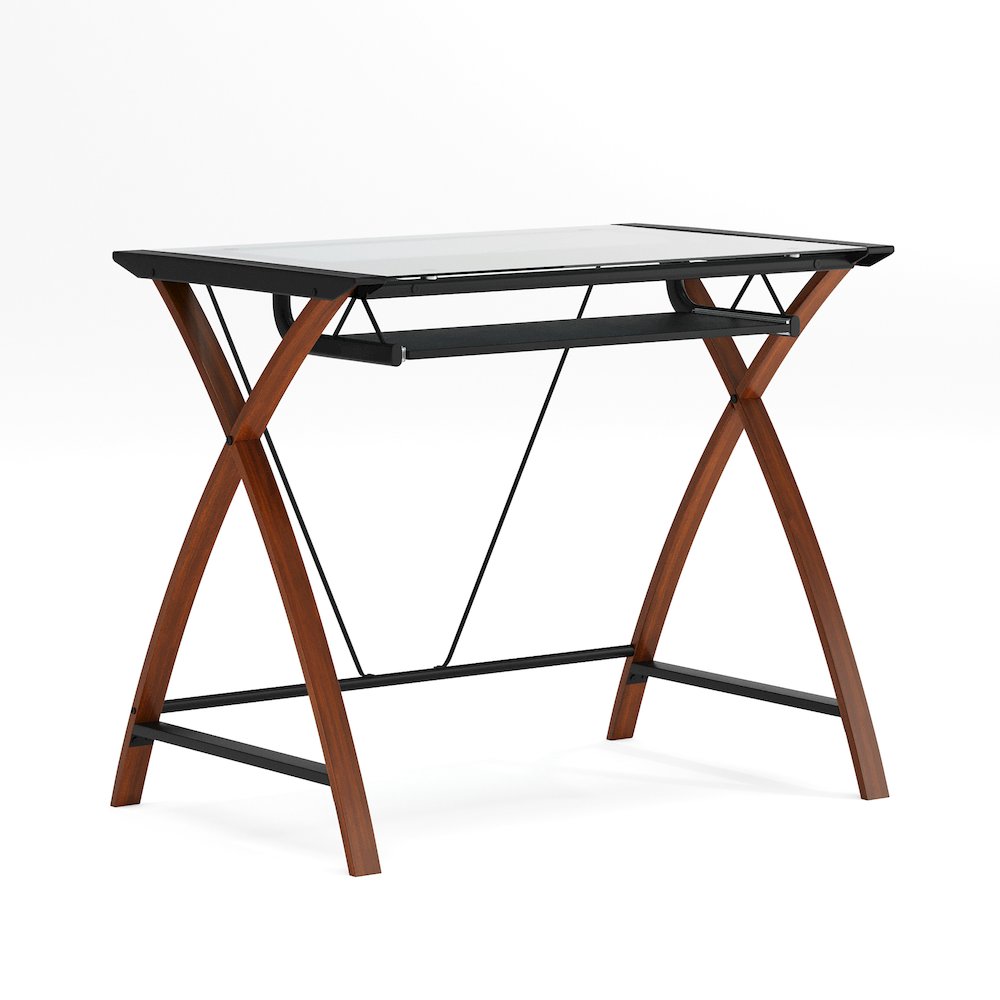 Glass Computer Desk with Pull-Out Keyboard Tray and Crisscross Frame