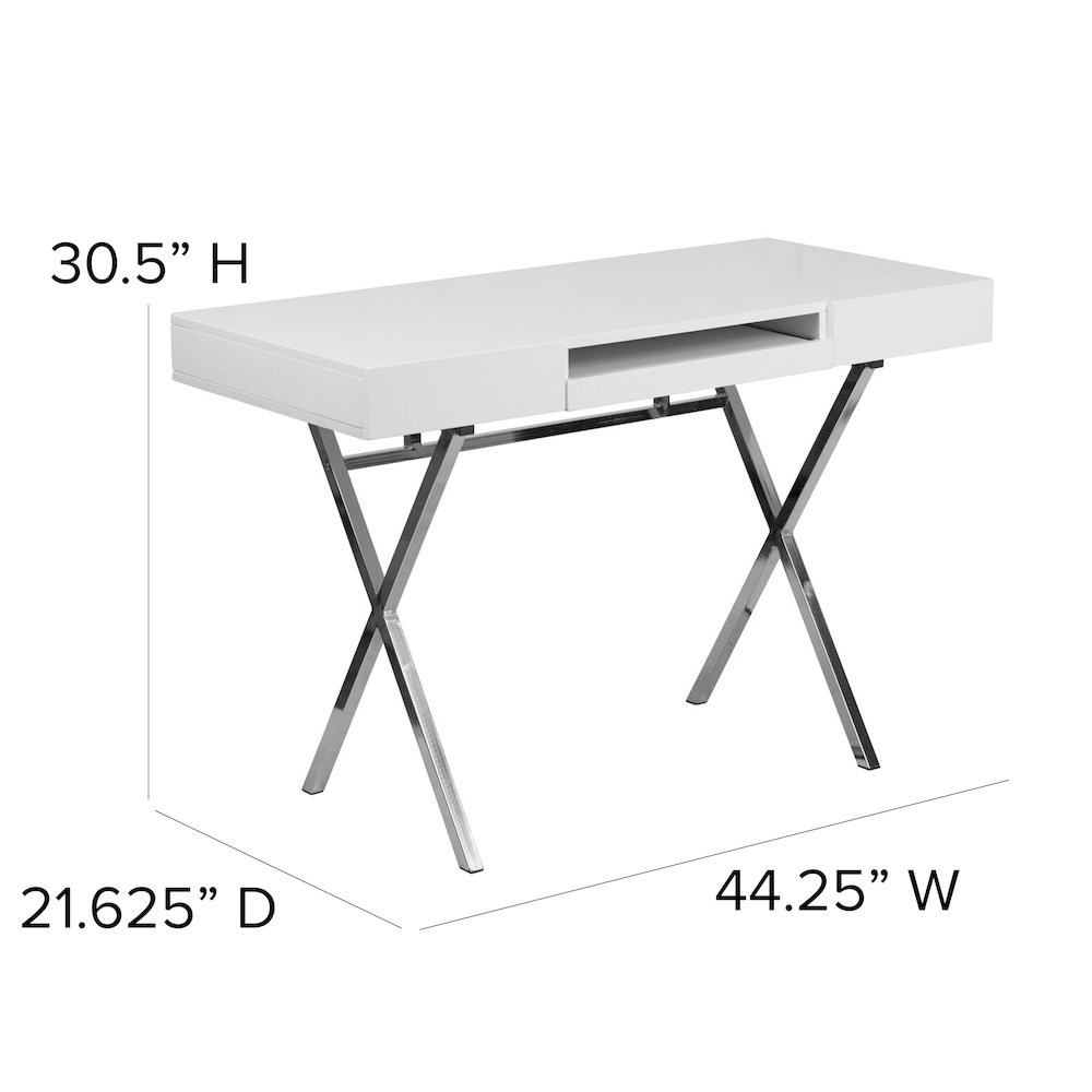 44.25”W x 21.625”D White Computer Desk with Keyboard Tray and Drawers