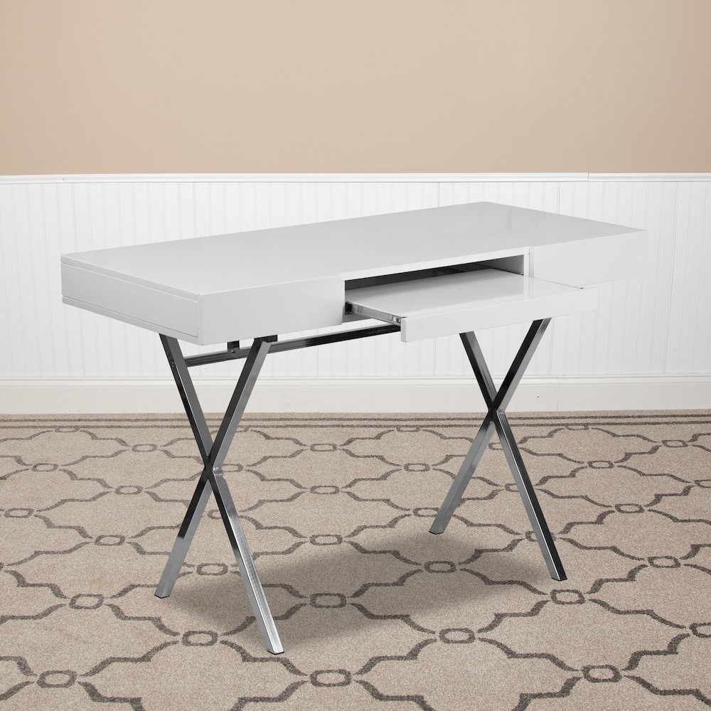 44.25”W x 21.625”D White Computer Desk with Keyboard Tray and Drawers