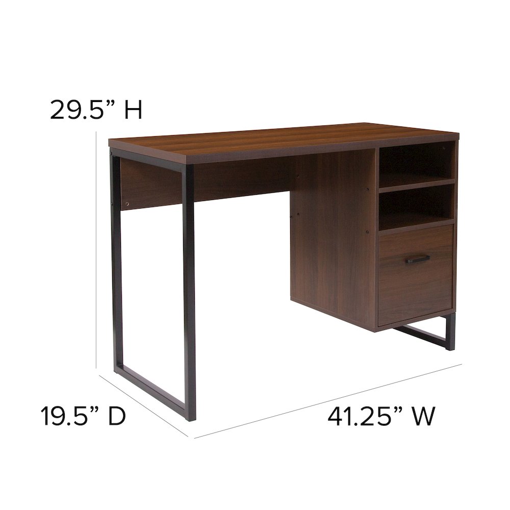 Rustic Coffee Wood Grain Finish Computer Desk with Black Metal Frame