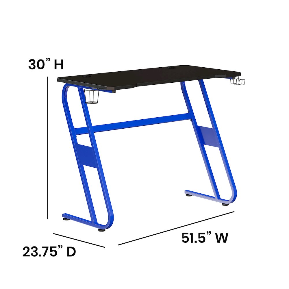 Blue Gaming Ergonomic Desk with Cup Holder and Headphone Hook