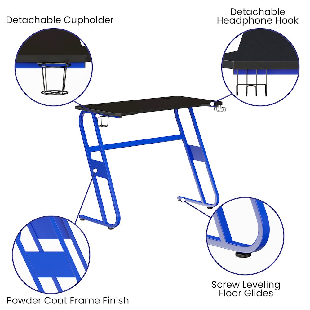 Blue Gaming Ergonomic Desk with Cup Holder and Headphone Hook