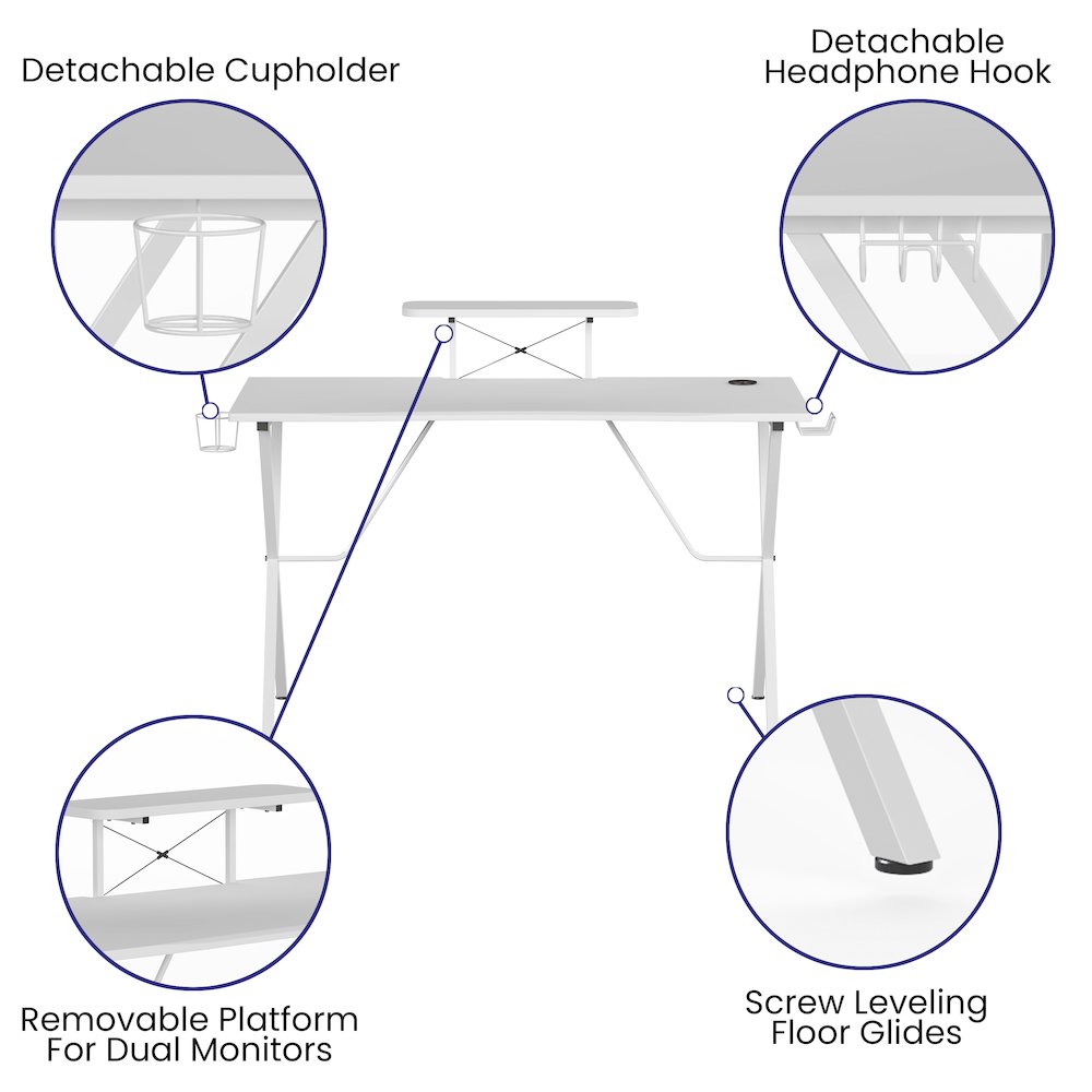 White Gaming Desk with Cup Holder