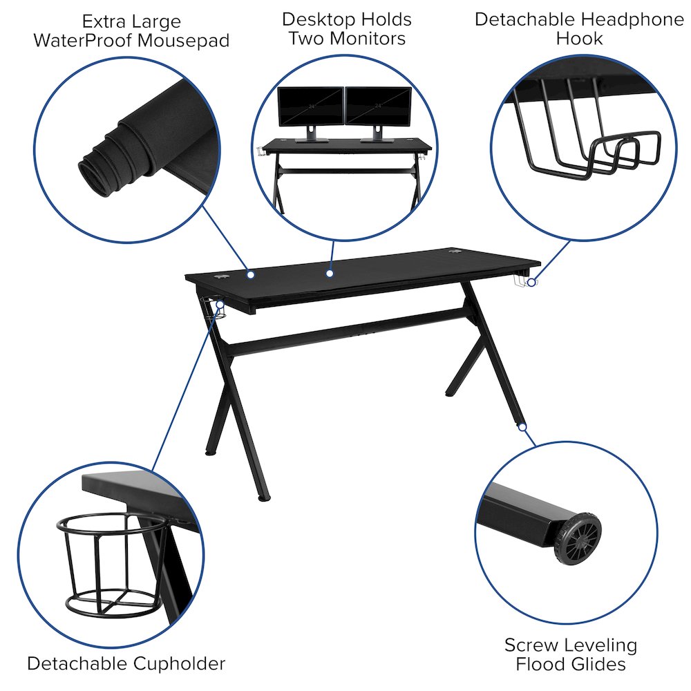 55″ x 24″ Extra Large Gaming Desk with Headphone Hook and Cup Holder