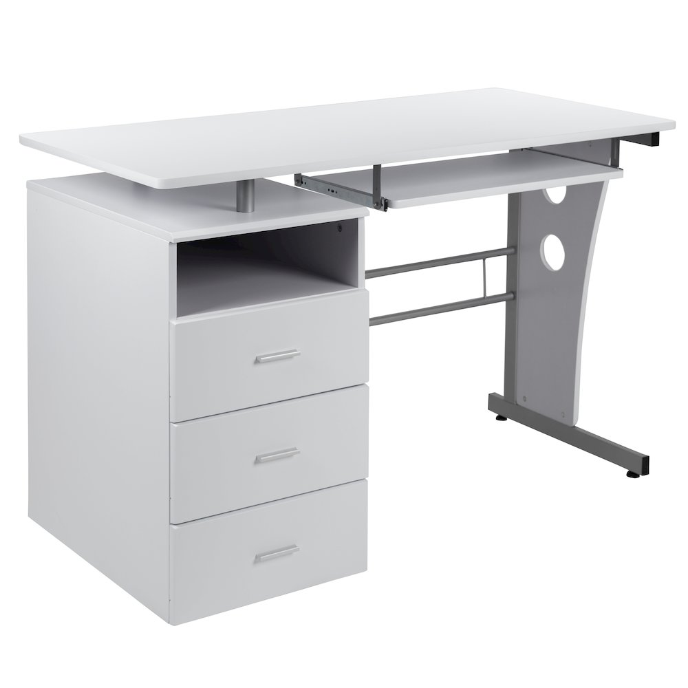 White Desk with Three Drawer Pedestal and Pull-Out Keyboard Tray