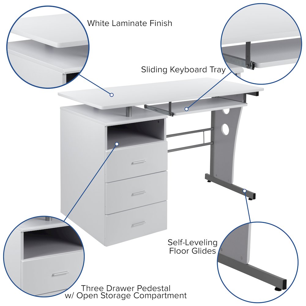 White Desk with Three Drawer Pedestal and Pull-Out Keyboard Tray