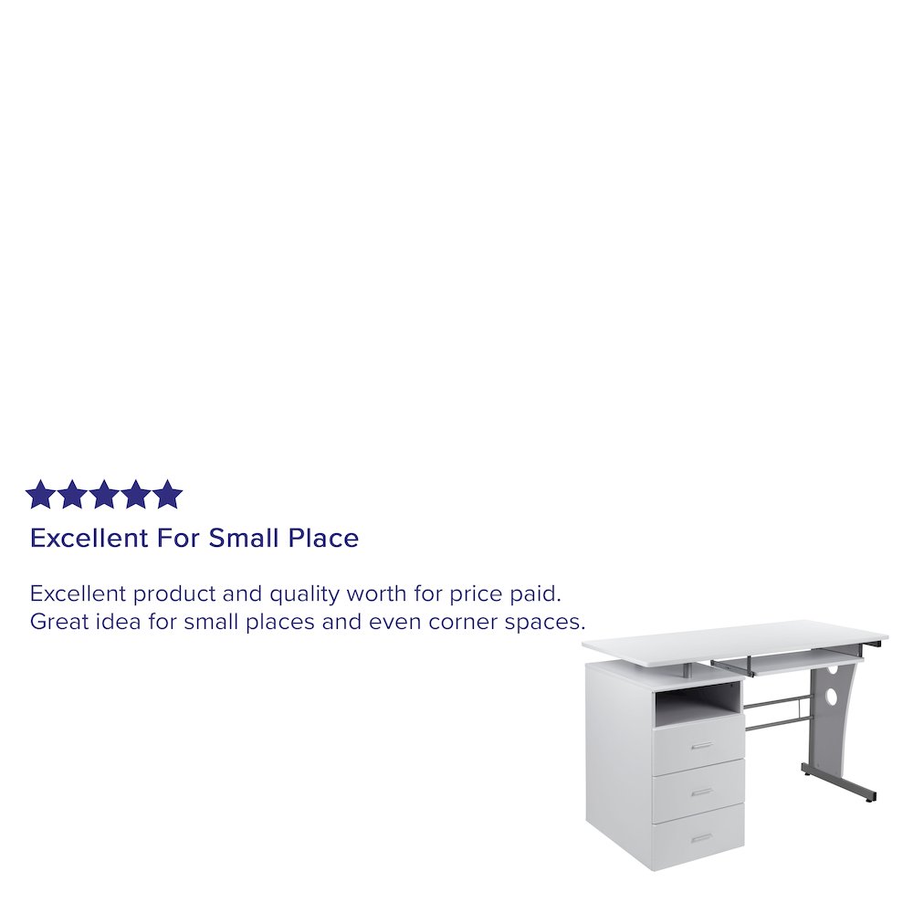 White Desk with Three Drawer Pedestal and Pull-Out Keyboard Tray