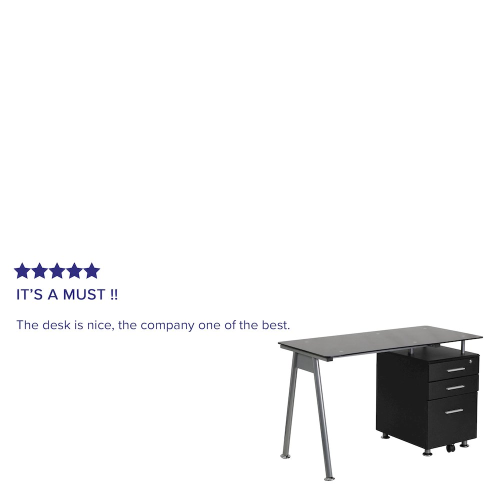 Black Glass Computer Desk with Three Drawer Pedestal