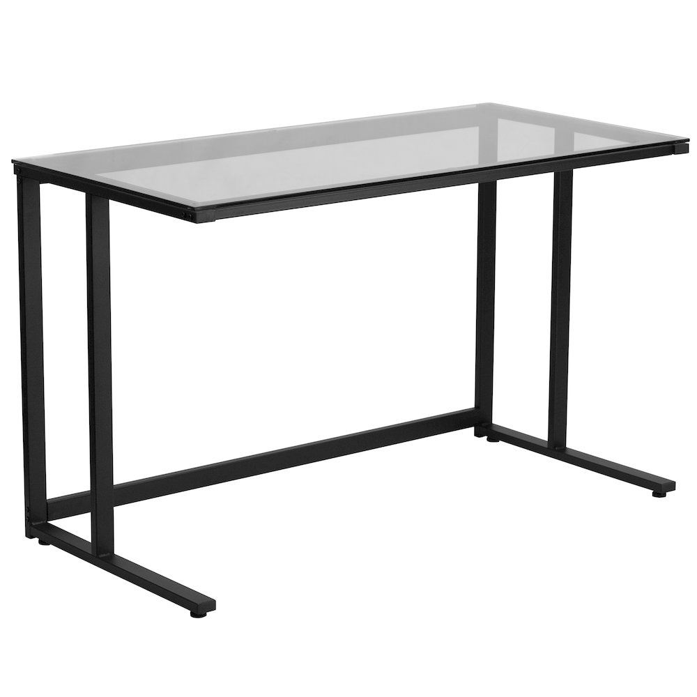 Glass Desk with Black Pedestal Metal Frame