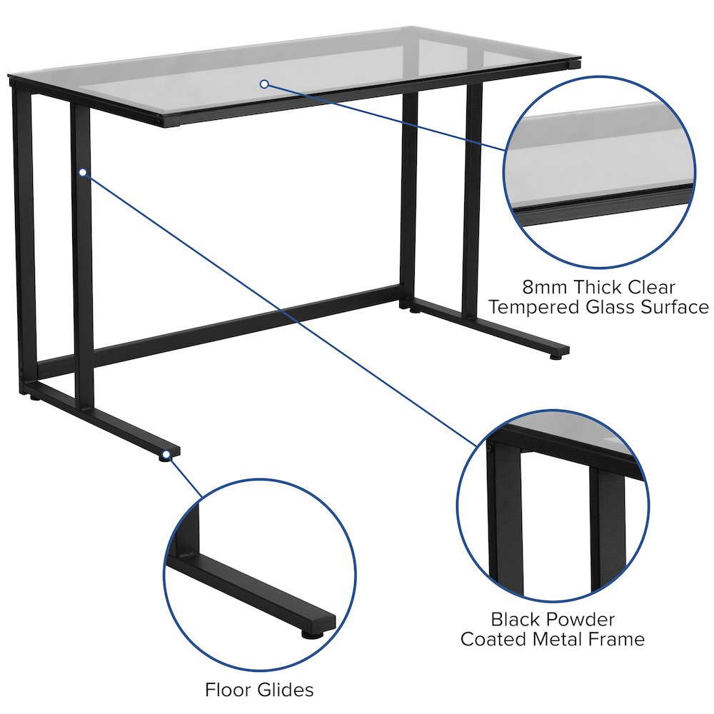 Glass Desk with Black Pedestal Metal Frame