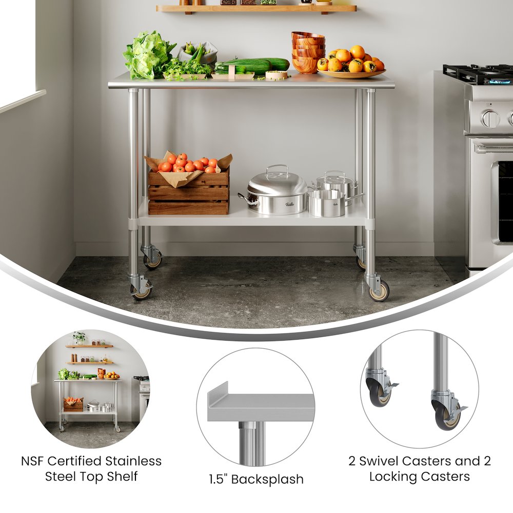 Stainless Steel 18  Gauge Portable Prep and Work Table with 1.5″ Backsplash
