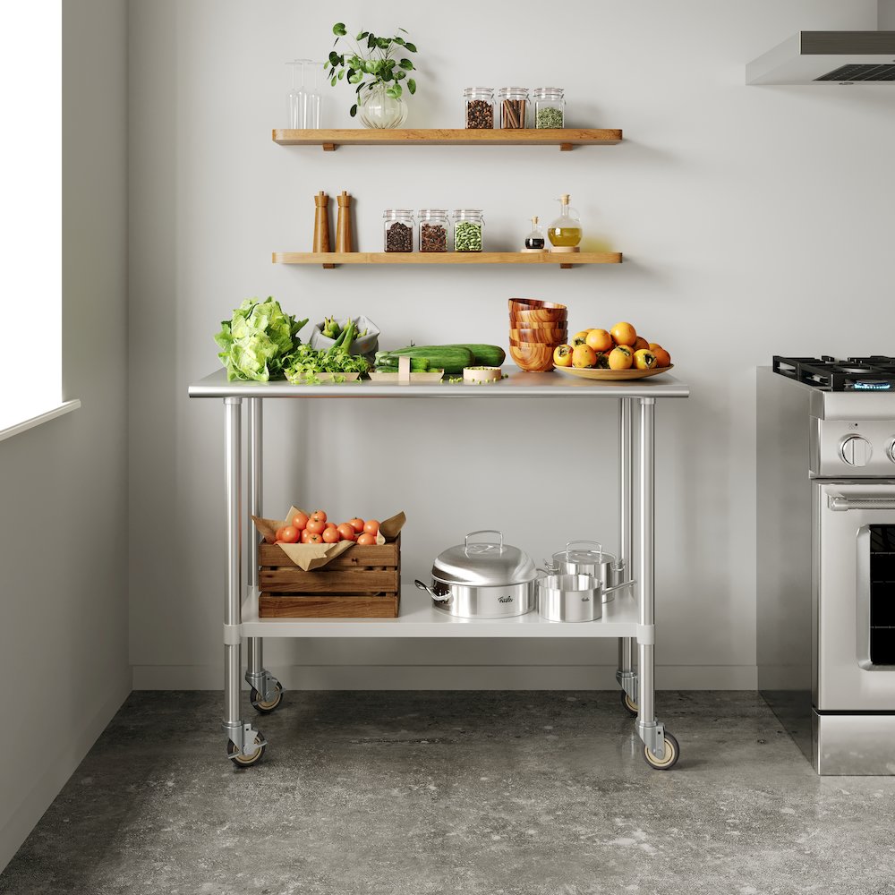 Stainless Steel 18  Gauge Portable Prep and Work Table with 1.5″ Backsplash