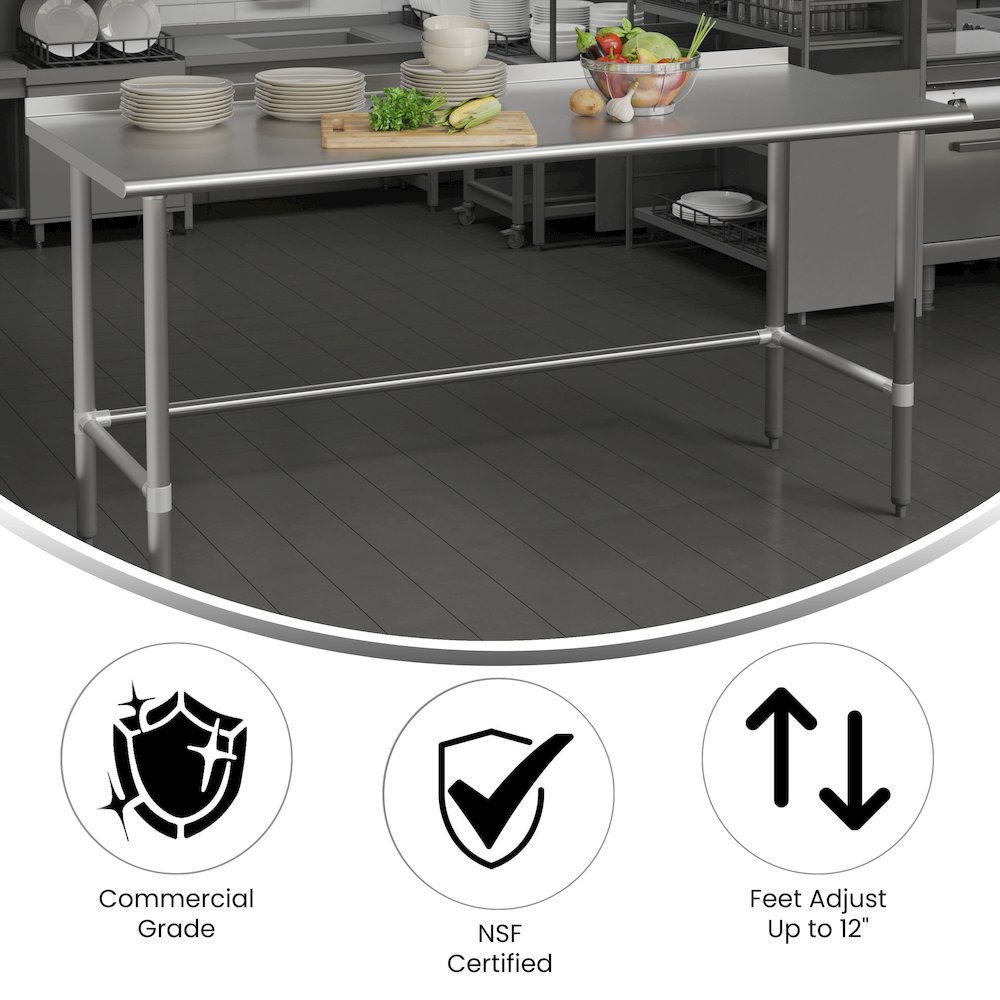 18 Gauge Open Base Kitchen Prep and Work Table with 1.5″ Backsplash