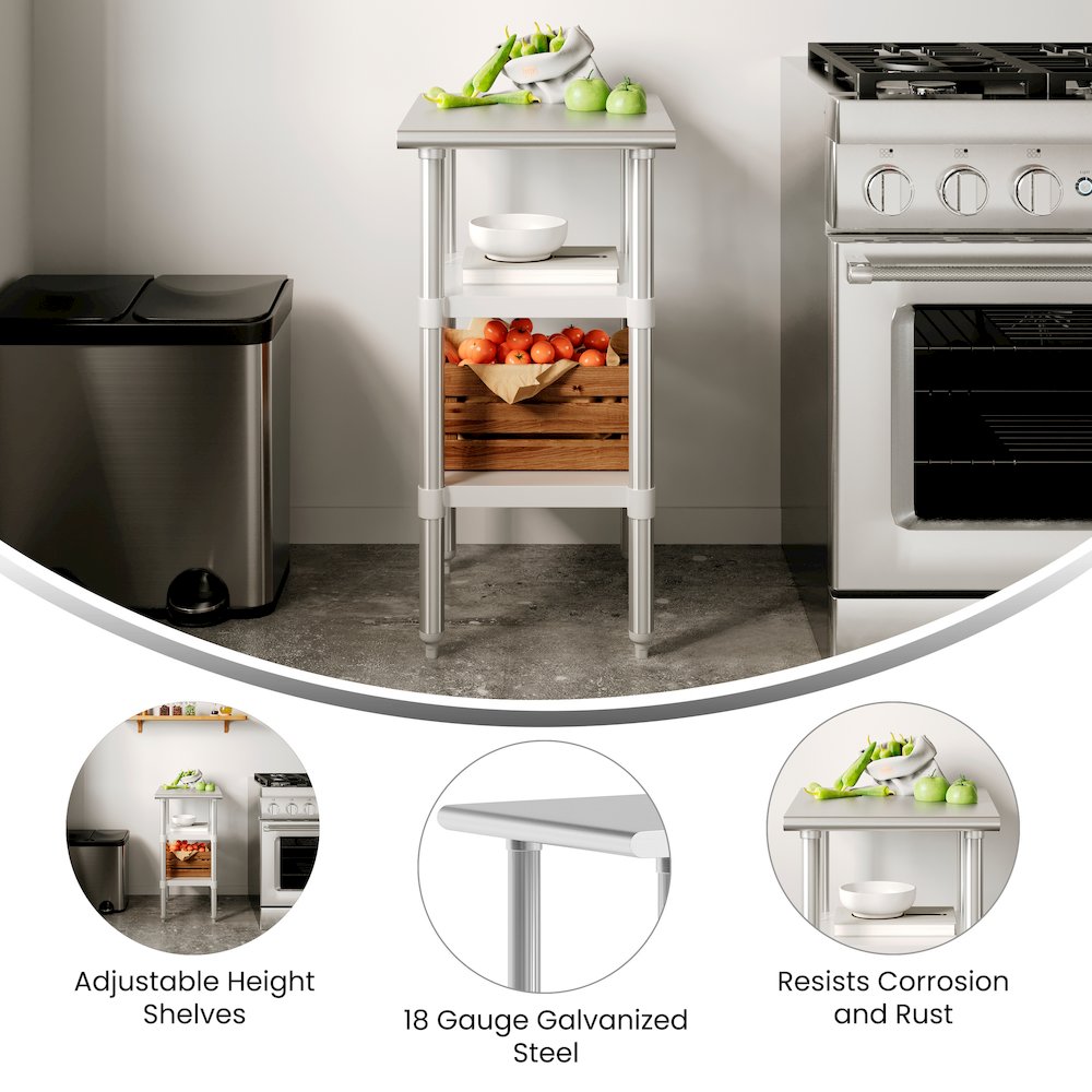 24×18 Portable Prep and Work Table with Top Shelf and 2 Adjustable Undershelves