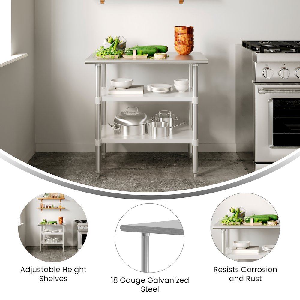24×36 Portable Prep and Work Table with Top Shelf and 2 Adjustable Undershelves