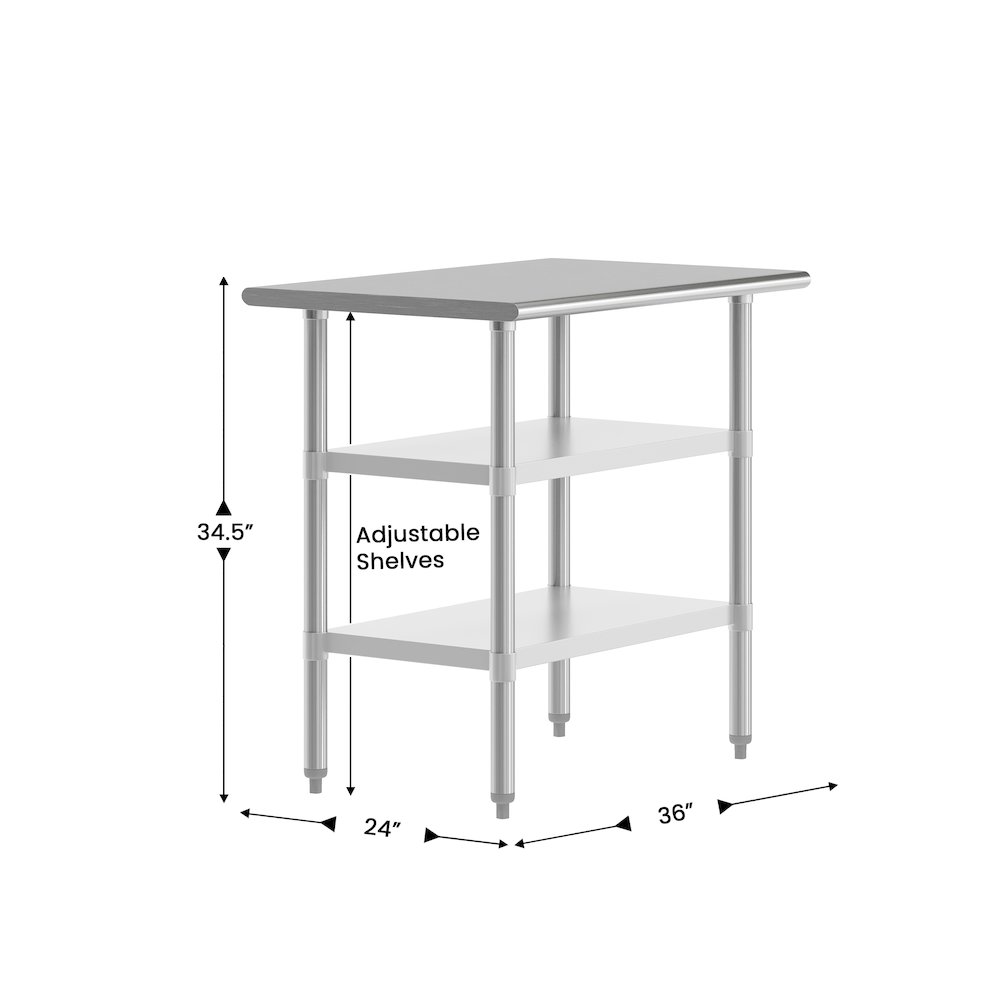 24×36 Portable Prep and Work Table with Top Shelf and 2 Adjustable Undershelves