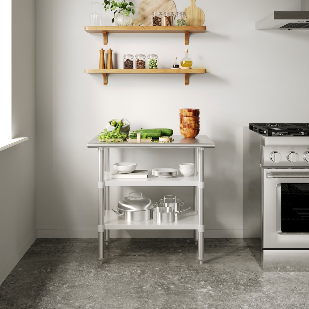 24×36 Portable Prep and Work Table with Top Shelf and 2 Adjustable Undershelves