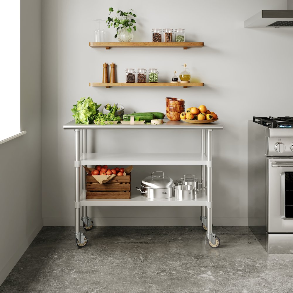 Stainless Steel Prep and Work Table 24″x 48″ with 2 Undershelves and 4 Casters