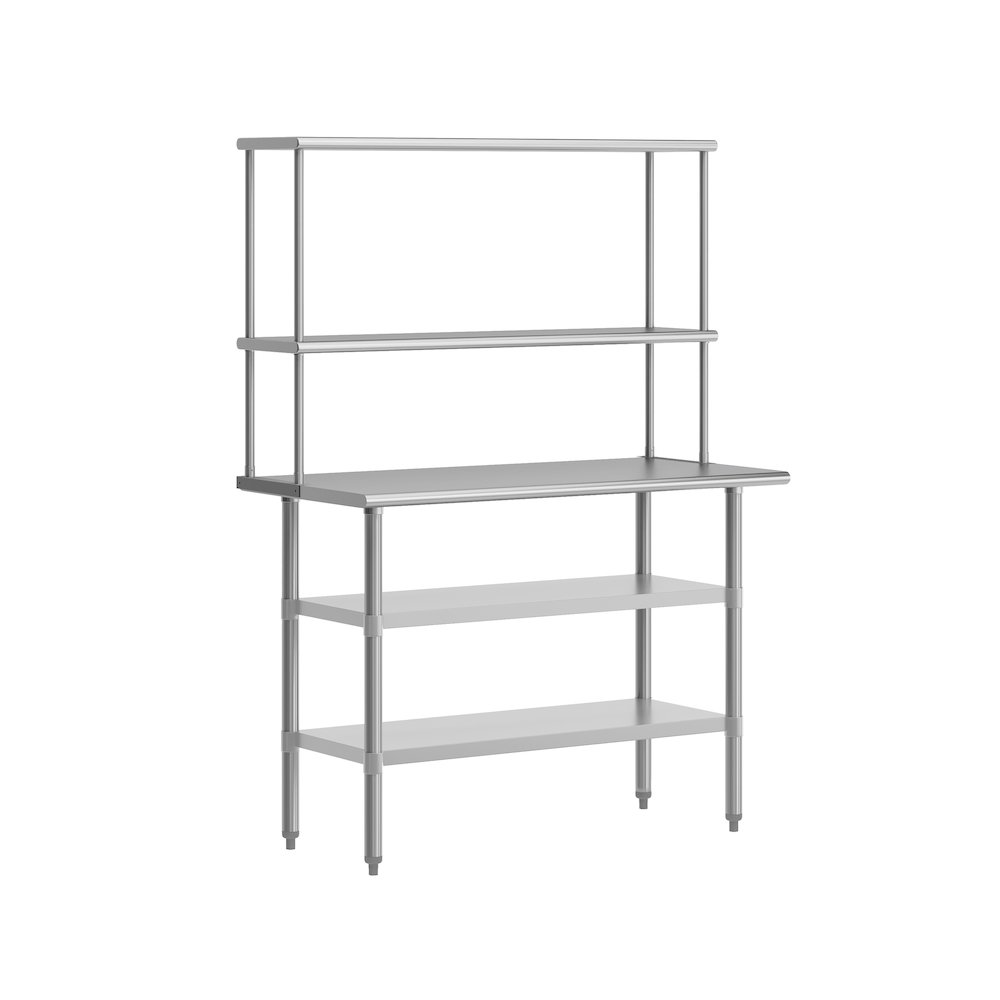 Rawcliffe Portable Prep and Work Table with Top Shelf and Double Overshelves