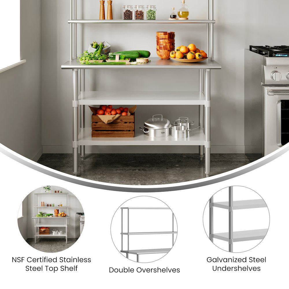 Rawcliffe Portable Prep and Work Table with Top Shelf and Double Overshelves