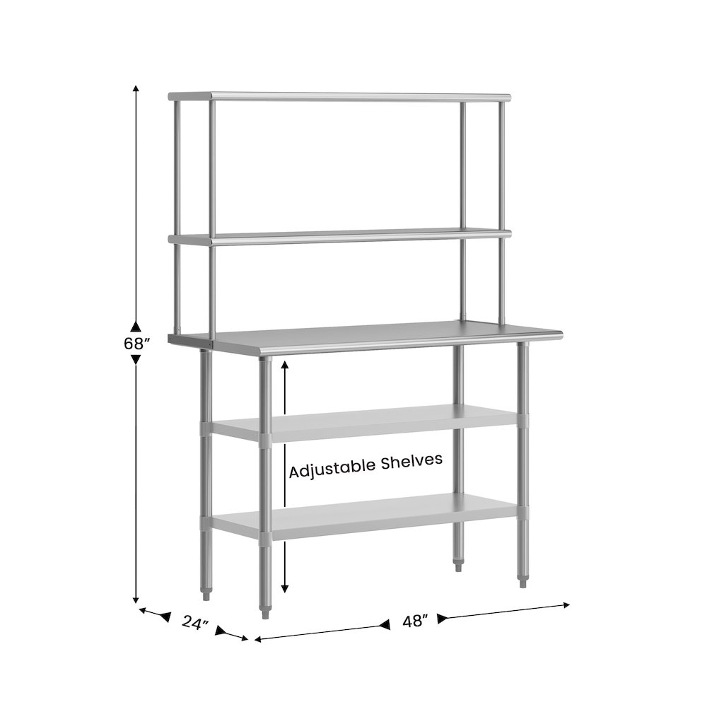 Rawcliffe Portable Prep and Work Table with Top Shelf and Double Overshelves