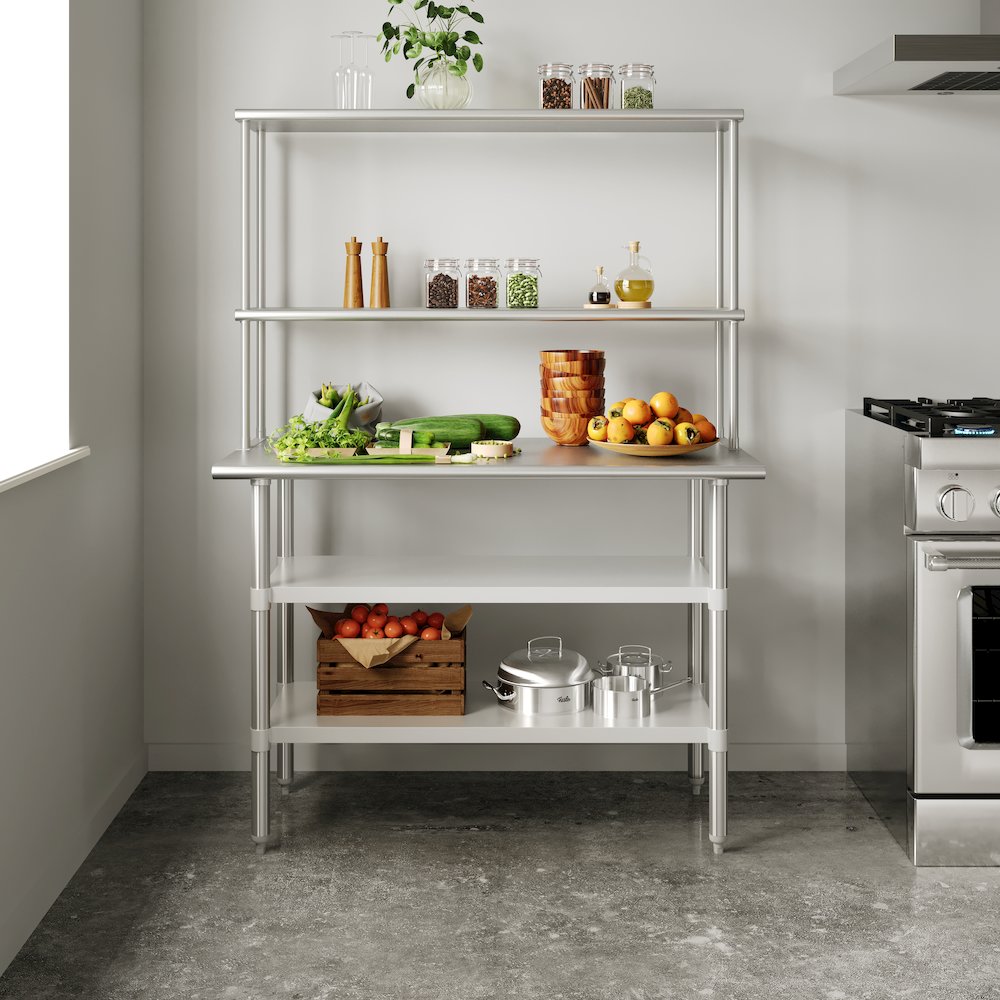 Rawcliffe Portable Prep and Work Table with Top Shelf and Double Overshelves