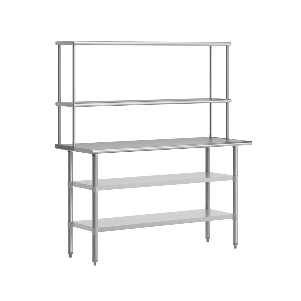 Portable Prep and Work Table with Top Shelf and Double Overshelves
