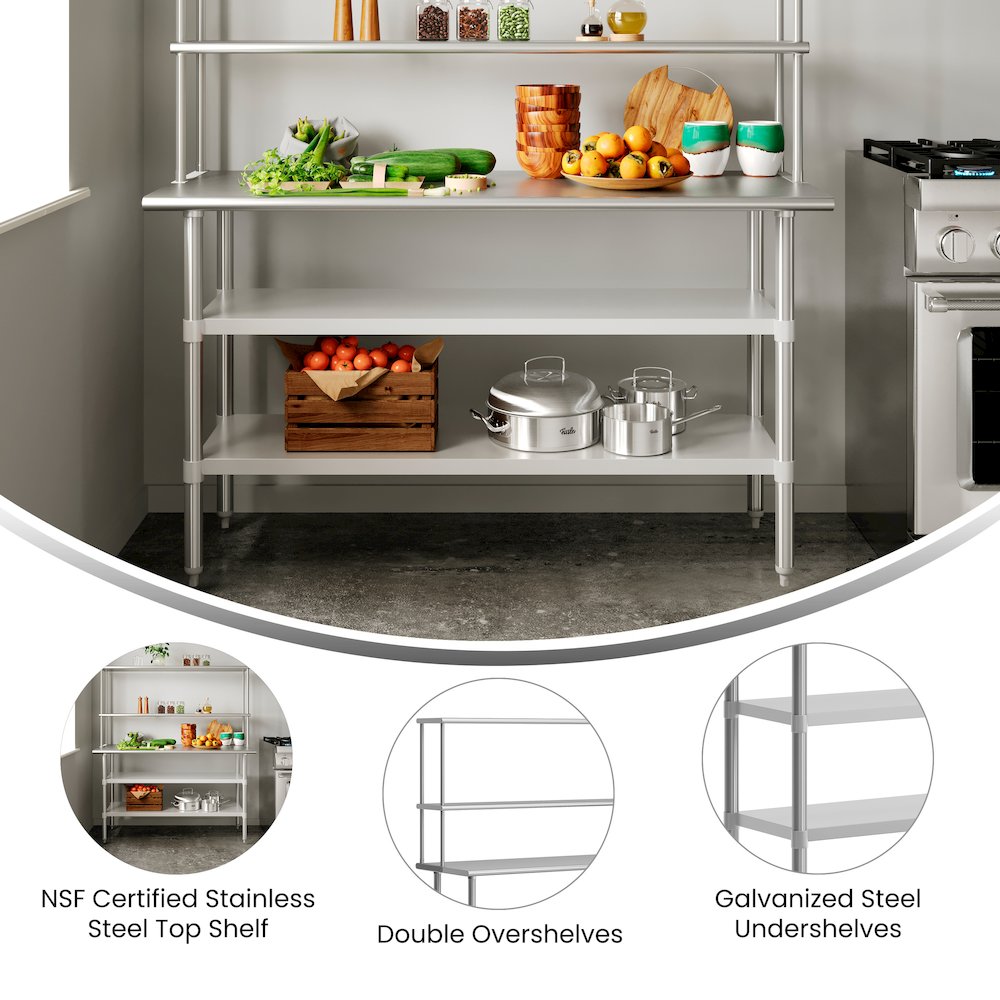 Portable Prep and Work Table with Top Shelf and Double Overshelves
