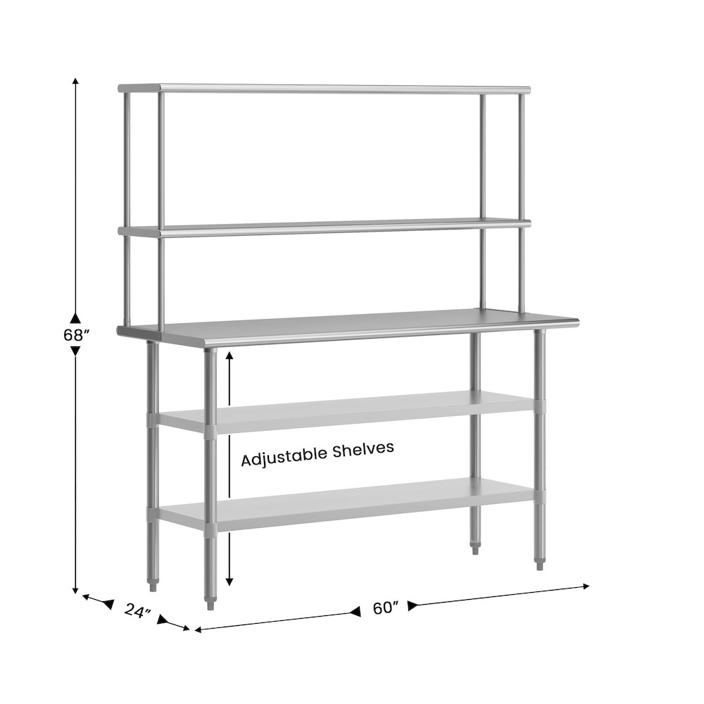 Portable Prep and Work Table with Top Shelf and Double Overshelves