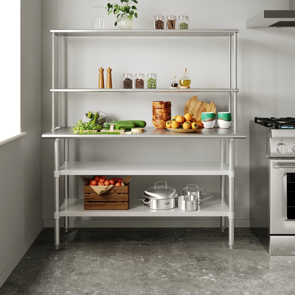 Portable Prep and Work Table with Top Shelf and Double Overshelves