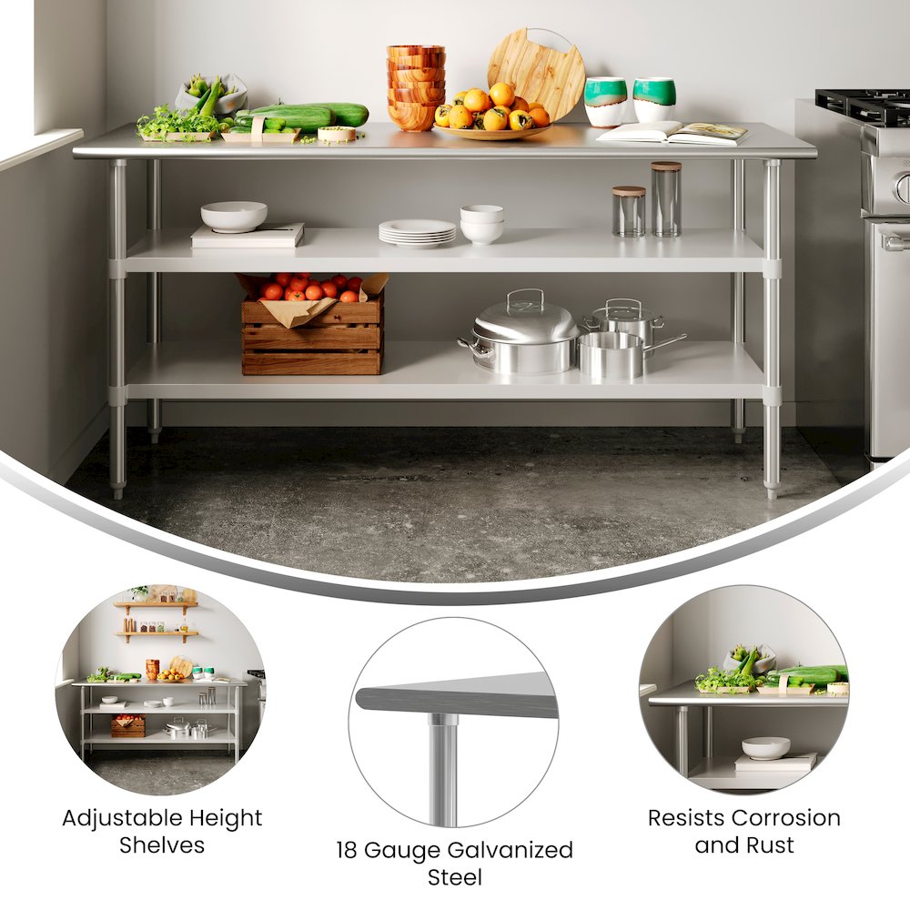 24×72 Portable Prep and Work Table with Top Shelf and 2 Adjustable Undershelves