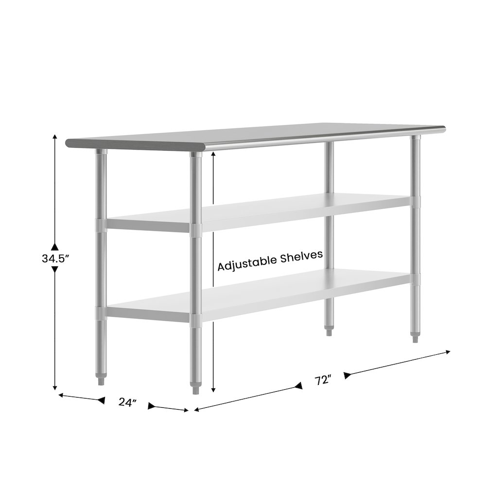 24×72 Portable Prep and Work Table with Top Shelf and 2 Adjustable Undershelves