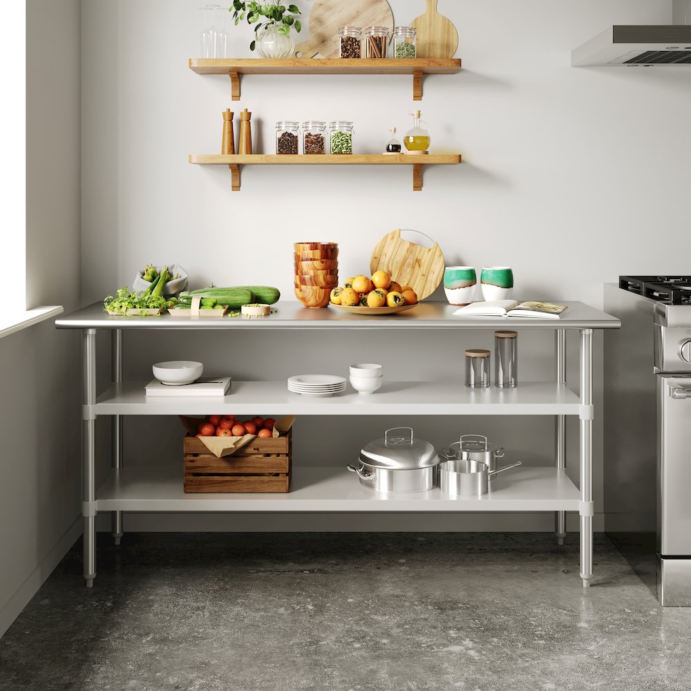 24×72 Portable Prep and Work Table with Top Shelf and 2 Adjustable Undershelves