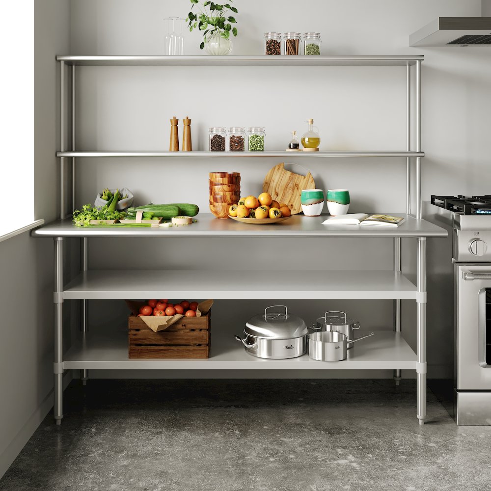 Reader Portable Prep and Work Table with Top Shelf and Double Overshelves