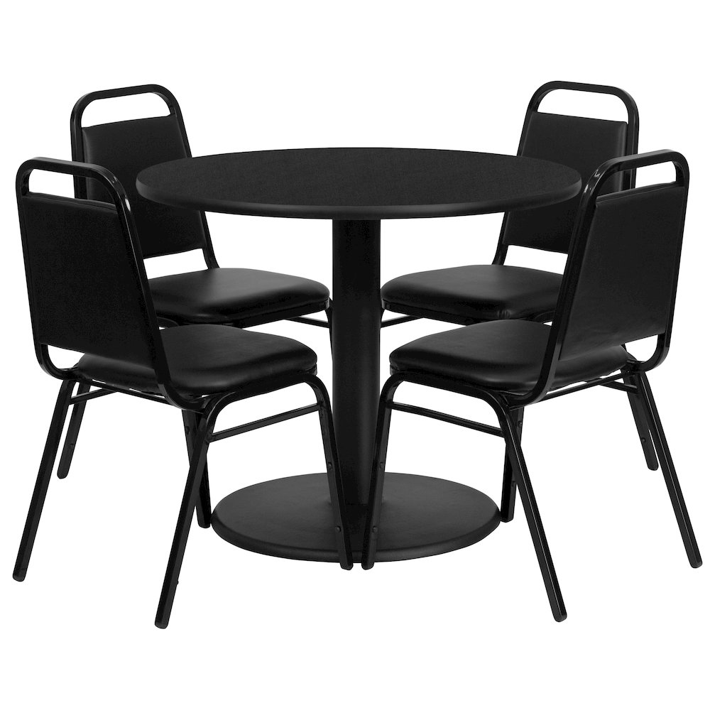 36” Black Table Set with Base and 4 Black Trapezoidal Back Banquet Chairs
